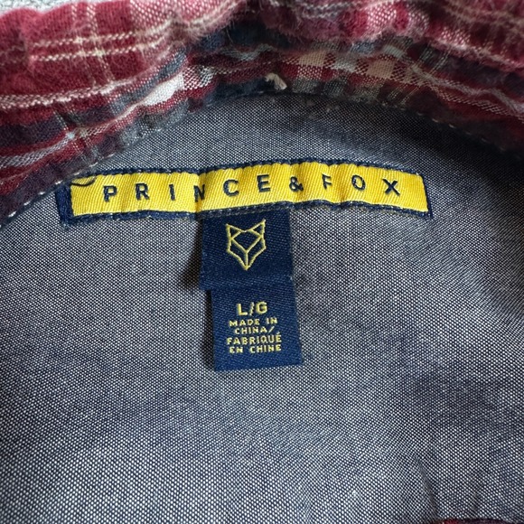Prince and Fox Button Down Shirt L Mens Red Plaid Long Sleeve Cotton Flannel - Picture 4 of 6